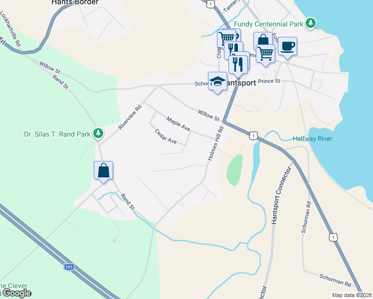 map of restaurants, bars, coffee shops, grocery stores, and more near 3 Alder Drive in Hantsport
