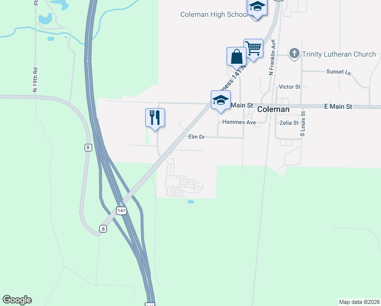 map of restaurants, bars, coffee shops, grocery stores, and more near 335 Elm Drive in Coleman