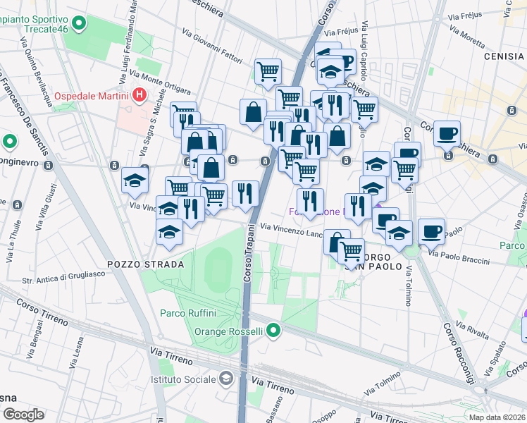 map of restaurants, bars, coffee shops, grocery stores, and more near 169 Corso Trapani in Turin