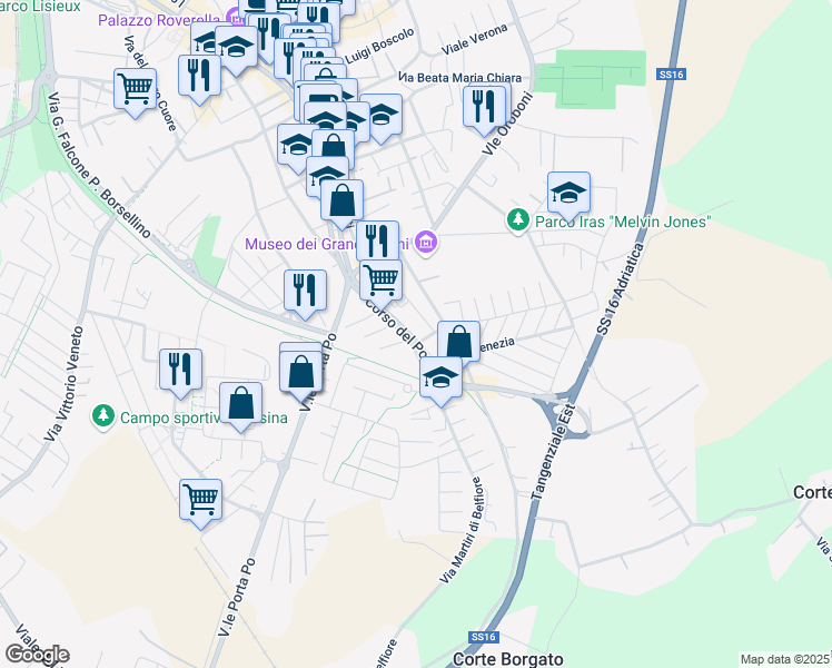 map of restaurants, bars, coffee shops, grocery stores, and more near 419 Corso del Popolo in Rovigo