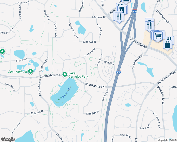 map of restaurants, bars, coffee shops, grocery stores, and more near 13715 60th Place North in Minneapolis