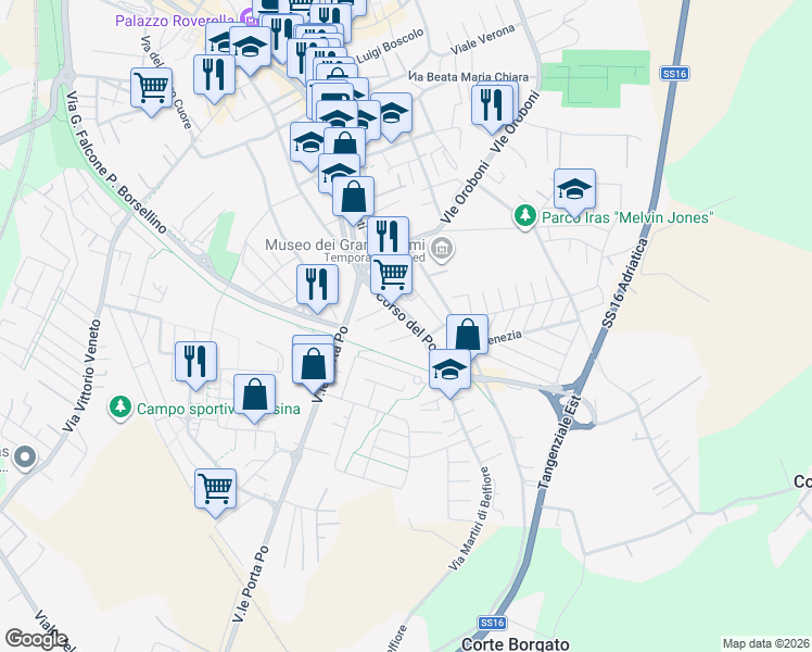 map of restaurants, bars, coffee shops, grocery stores, and more near 419 Corso del Popolo in Rovigo