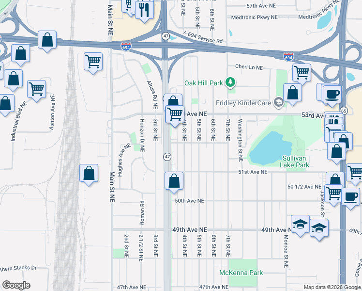 map of restaurants, bars, coffee shops, grocery stores, and more near 5207 University Avenue Northeast in Columbia Heights