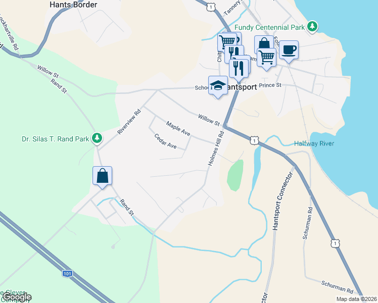 map of restaurants, bars, coffee shops, grocery stores, and more near 3 Alders Avenue in Hantsport