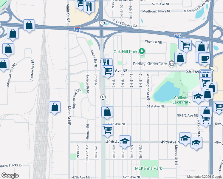 map of restaurants, bars, coffee shops, grocery stores, and more near 5207 University Avenue Northeast in Columbia Heights
