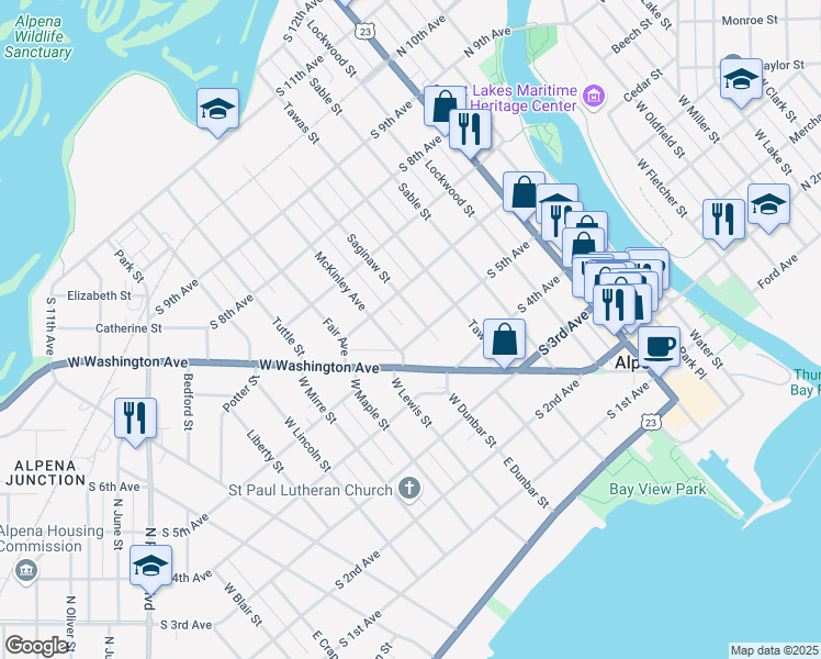 map of restaurants, bars, coffee shops, grocery stores, and more near 555 South 5th Avenue in Alpena