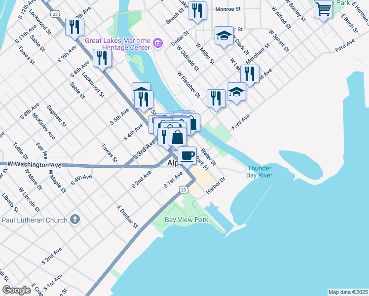 map of restaurants, bars, coffee shops, grocery stores, and more near 122 North 2nd Avenue in Alpena