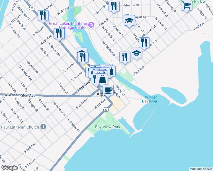 map of restaurants, bars, coffee shops, grocery stores, and more near 122 North 2nd Avenue in Alpena
