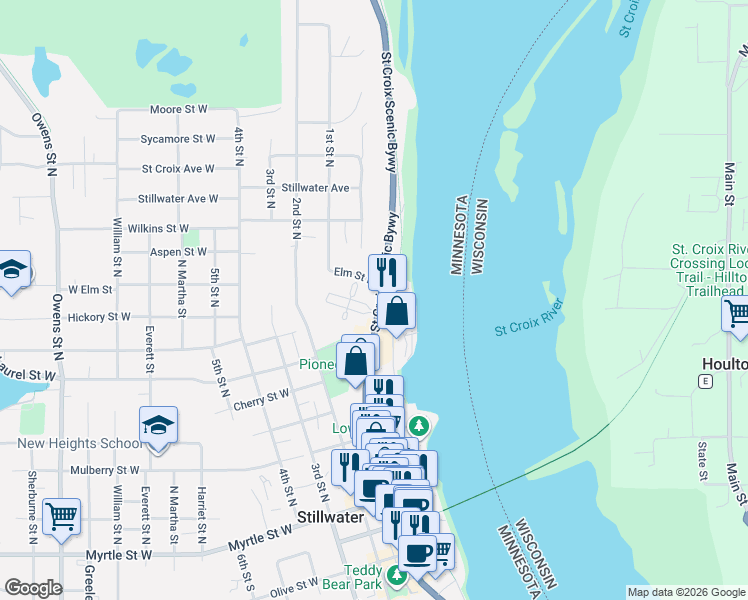 map of restaurants, bars, coffee shops, grocery stores, and more near 650 Main Street North in Stillwater