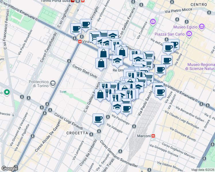 map of restaurants, bars, coffee shops, grocery stores, and more near Corso Stati Uniti in Torino