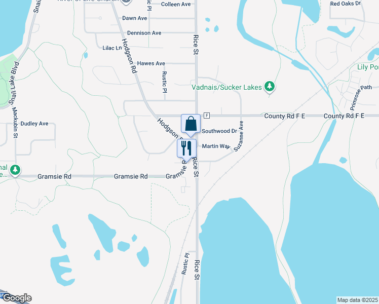 map of restaurants, bars, coffee shops, grocery stores, and more near 4001 Rice Street in Shoreview
