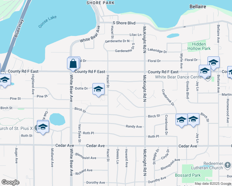 map of restaurants, bars, coffee shops, grocery stores, and more near 2167 Lakeaires Boulevard in White Bear Lake