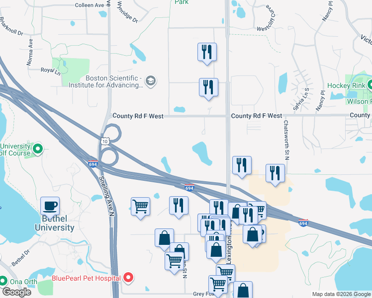 map of restaurants, bars, coffee shops, grocery stores, and more near 4001 Lexington Avenue North in Arden Hills