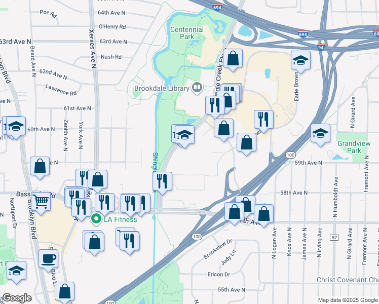 map of restaurants, bars, coffee shops, grocery stores, and more near 5910 Shingle Creek Pkwy in Brooklyn Center