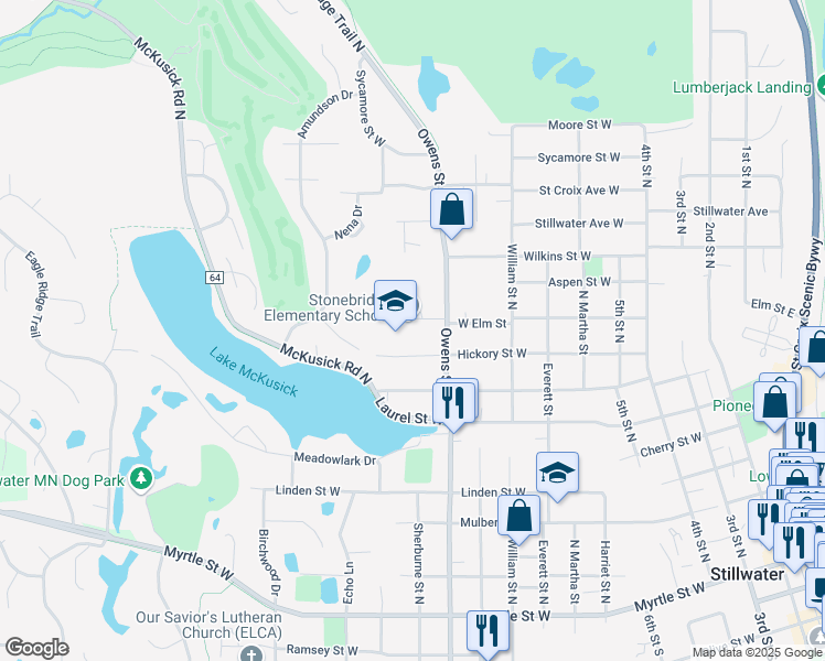 map of restaurants, bars, coffee shops, grocery stores, and more near 900 Owens Street North in Stillwater