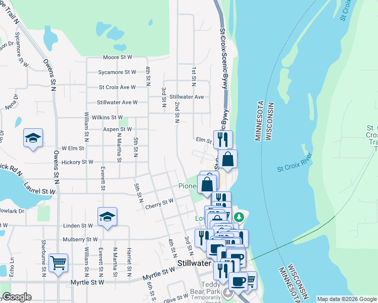 map of restaurants, bars, coffee shops, grocery stores, and more near 630 Main Street North in Stillwater