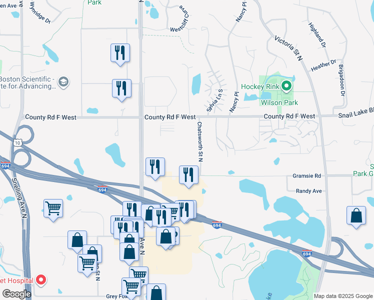 map of restaurants, bars, coffee shops, grocery stores, and more near Unnamed Road in Shoreview