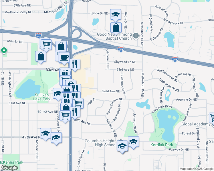 map of restaurants, bars, coffee shops, grocery stores, and more near 5210 Pierce Street Northeast in Fridley