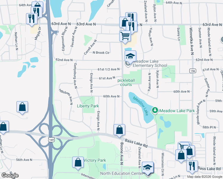 map of restaurants, bars, coffee shops, grocery stores, and more near 8801 60th 1/2 Avenue North in Minneapolis
