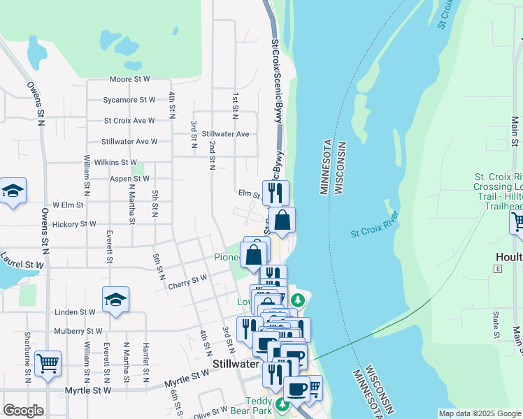 map of restaurants, bars, coffee shops, grocery stores, and more near 650 Main Street North in Stillwater