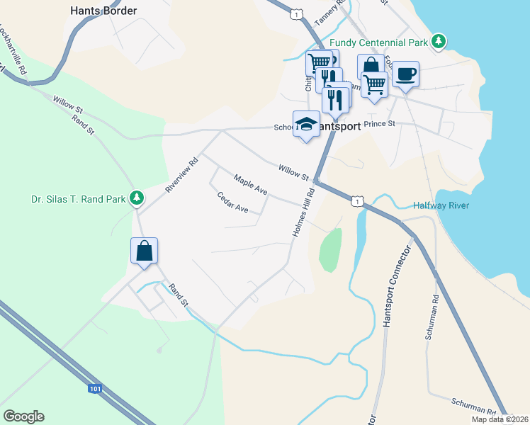 map of restaurants, bars, coffee shops, grocery stores, and more near 1 Alders Avenue in Hantsport