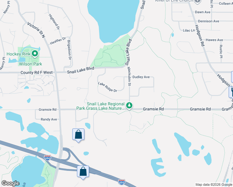 map of restaurants, bars, coffee shops, grocery stores, and more near 531 Lake Ridge Drive in Shoreview