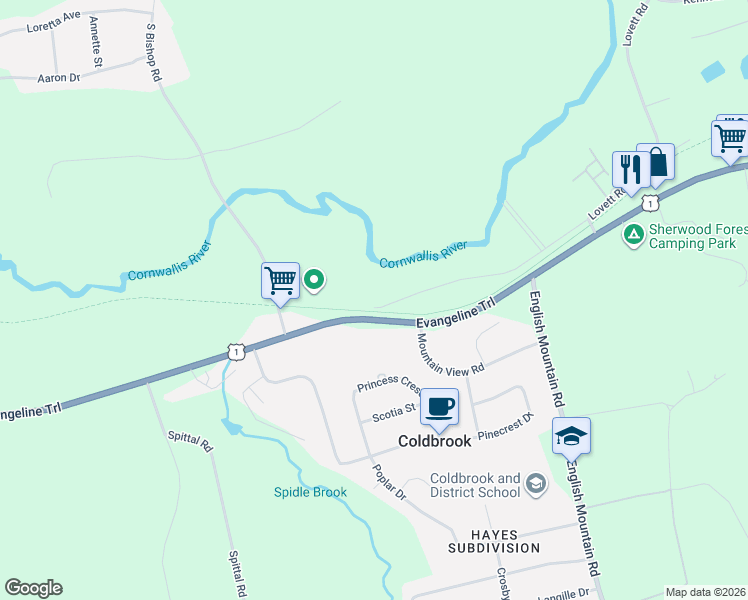 map of restaurants, bars, coffee shops, grocery stores, and more near 2663 Lovett Road in Coldbrook