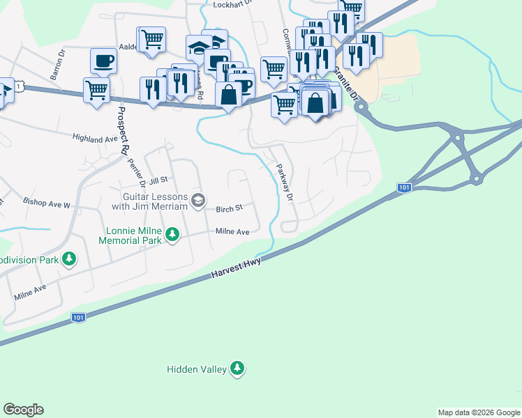 map of restaurants, bars, coffee shops, grocery stores, and more near 26 Maple Drive in New Minas