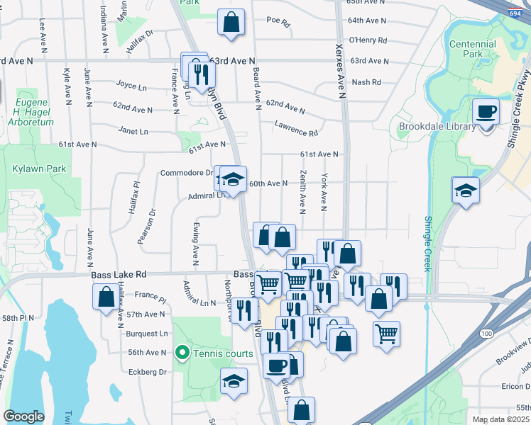 map of restaurants, bars, coffee shops, grocery stores, and more near 5924 Beard Avenue North in Minneapolis