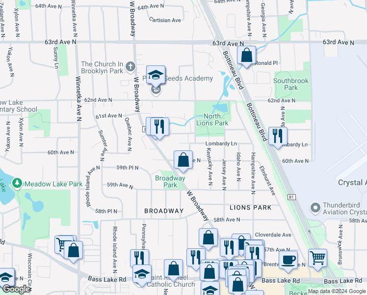 map of restaurants, bars, coffee shops, grocery stores, and more near 6040 West Broadway Avenue in New Hope