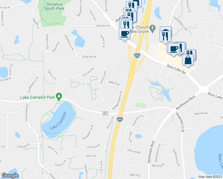 map of restaurants, bars, coffee shops, grocery stores, and more near 13465 60th Place North in Minneapolis