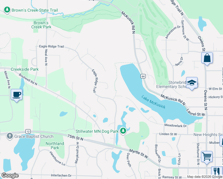 map of restaurants, bars, coffee shops, grocery stores, and more near 775 Green Twig Way in Stillwater