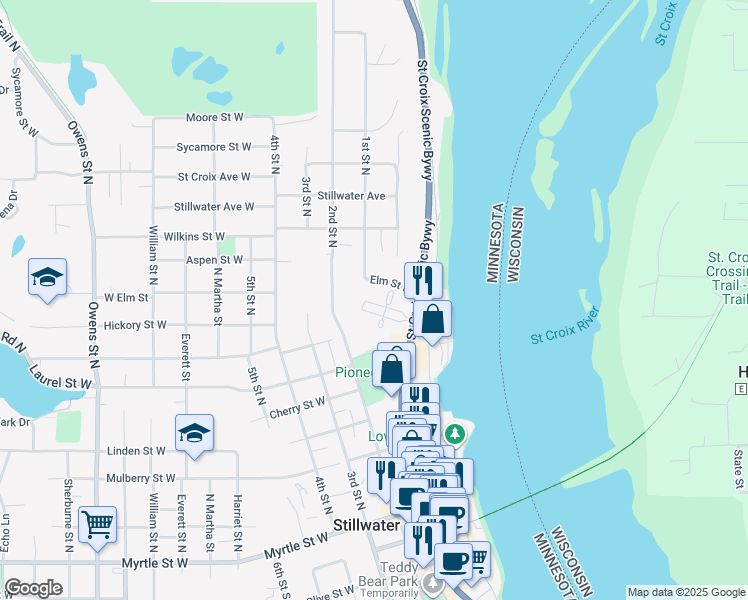 map of restaurants, bars, coffee shops, grocery stores, and more near 640 Main Street North in Stillwater