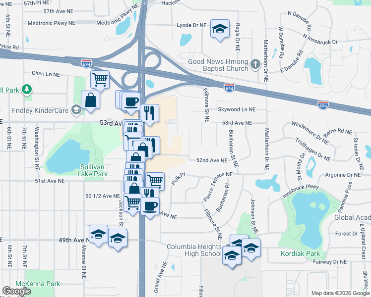 map of restaurants, bars, coffee shops, grocery stores, and more near 5216 Taylor Street Northeast in Fridley