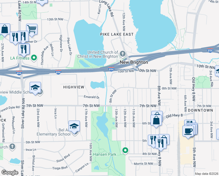 map of restaurants, bars, coffee shops, grocery stores, and more near 1399 10th Street Northwest in New Brighton