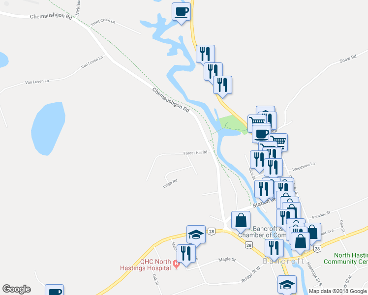 map of restaurants, bars, coffee shops, grocery stores, and more near 10 Forest Hill Road in Bancroft
