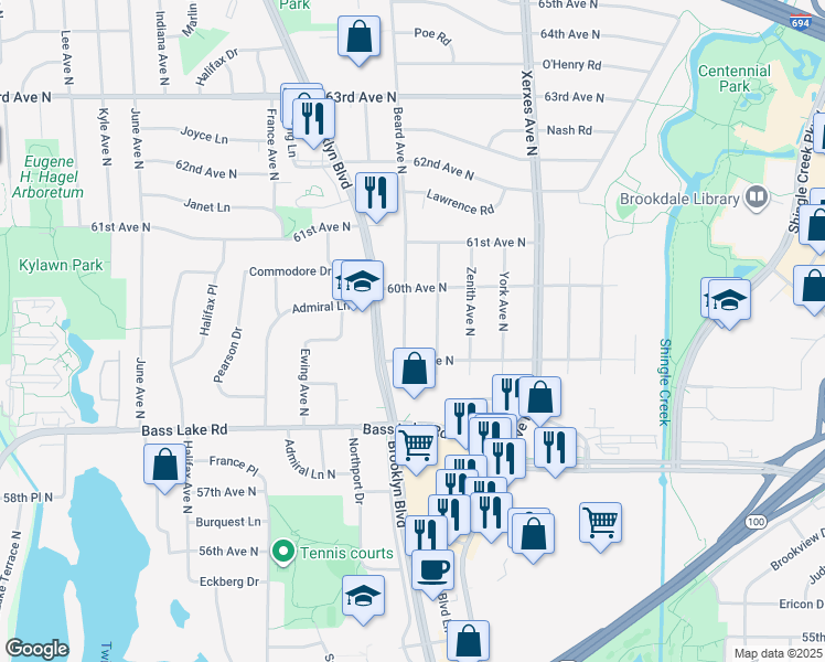 map of restaurants, bars, coffee shops, grocery stores, and more near 5924 Beard Avenue North in Minneapolis