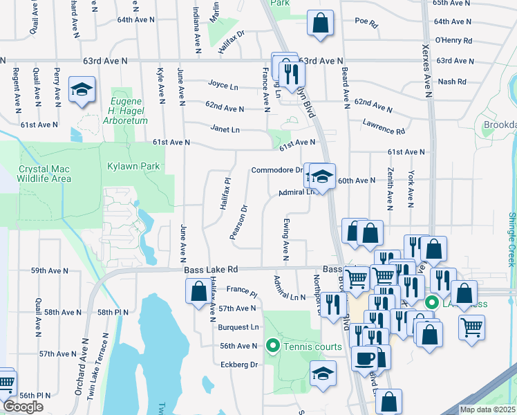 map of restaurants, bars, coffee shops, grocery stores, and more near 5919 Admiral Lane North in Brooklyn Center