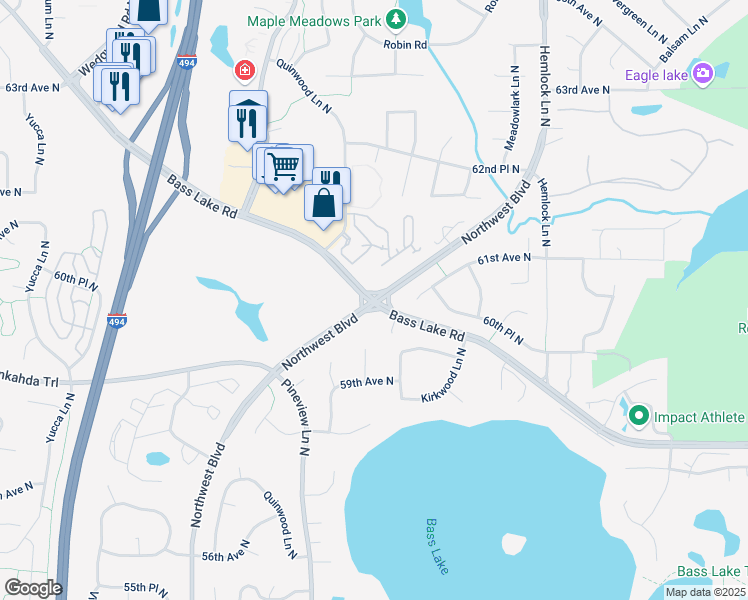 map of restaurants, bars, coffee shops, grocery stores, and more near Bass Lake Rd & Northwest Blvd in Plymouth