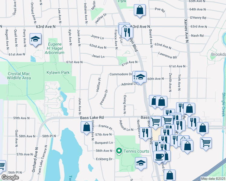 map of restaurants, bars, coffee shops, grocery stores, and more near 5919 Admiral Lane North in Brooklyn Center