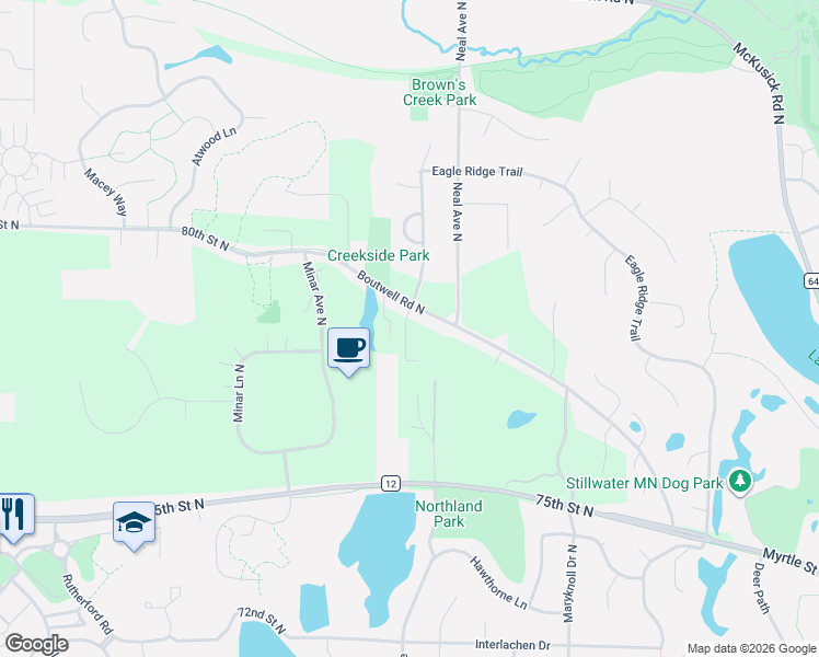 map of restaurants, bars, coffee shops, grocery stores, and more near 12991 Boutwell Road North in Stillwater
