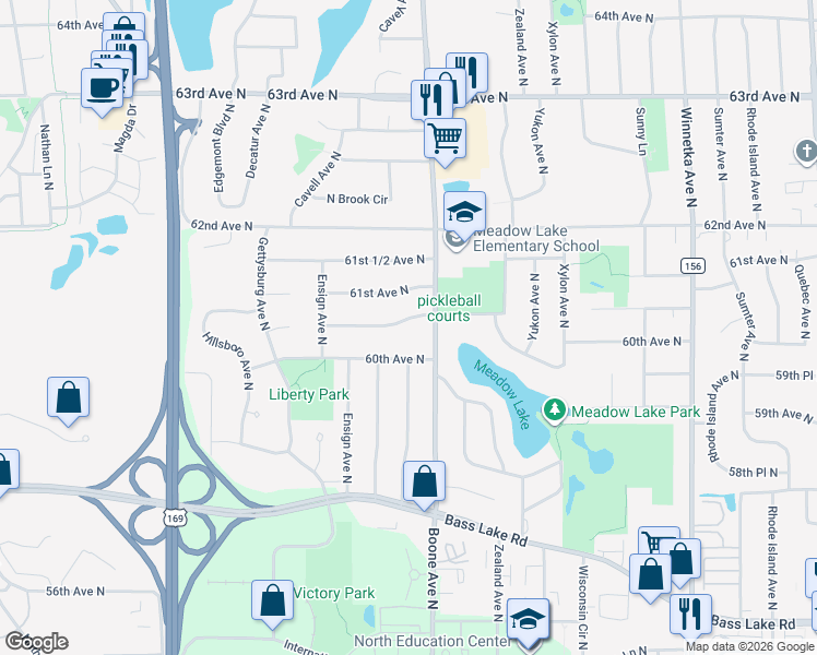 map of restaurants, bars, coffee shops, grocery stores, and more near 8801 60th 1/2 Avenue North in Minneapolis