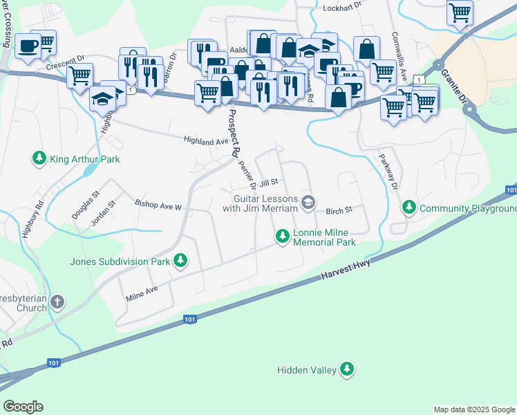 map of restaurants, bars, coffee shops, grocery stores, and more near Perrier Drive in New Minas