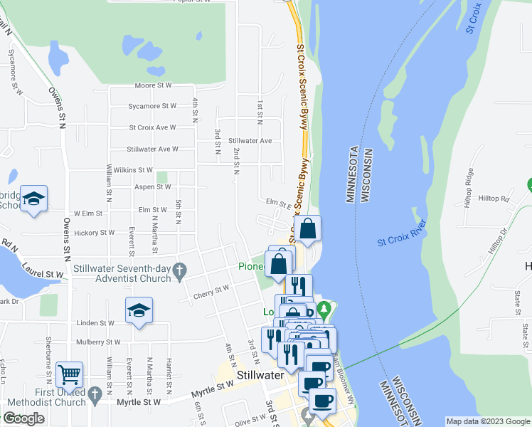 map of restaurants, bars, coffee shops, grocery stores, and more near 640 Main Street North in Stillwater
