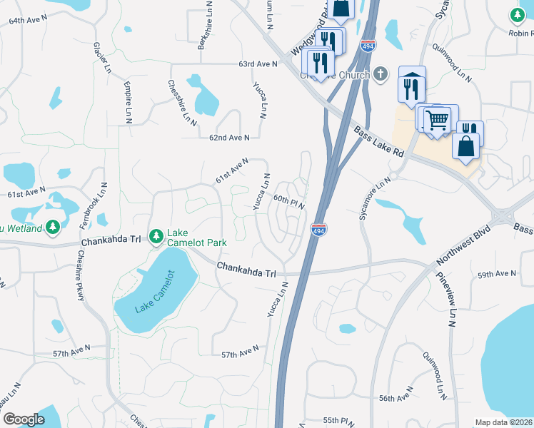 map of restaurants, bars, coffee shops, grocery stores, and more near 6000 Yucca Lane North in Plymouth