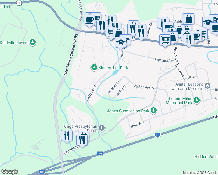 map of restaurants, bars, coffee shops, grocery stores, and more near 40 Douglas Street in New Minas