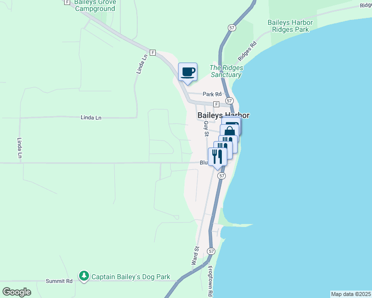 map of restaurants, bars, coffee shops, grocery stores, and more near 2434 Maple Bluff Court in Baileys Harbor