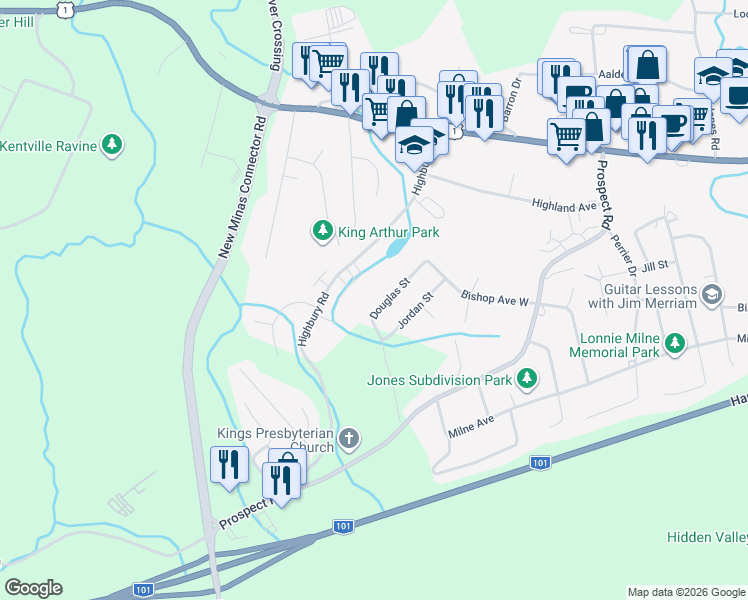 map of restaurants, bars, coffee shops, grocery stores, and more near 40 Douglas Street in New Minas