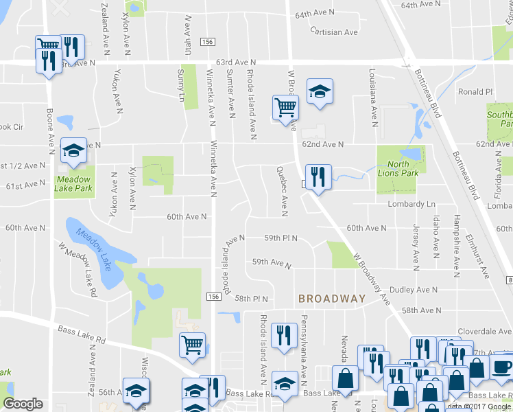 map of restaurants, bars, coffee shops, grocery stores, and more near 6008 Sumter Avenue North in Minneapolis
