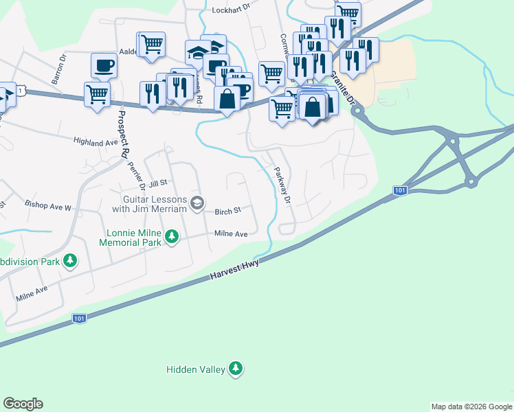 map of restaurants, bars, coffee shops, grocery stores, and more near 26 Maple Drive in New Minas